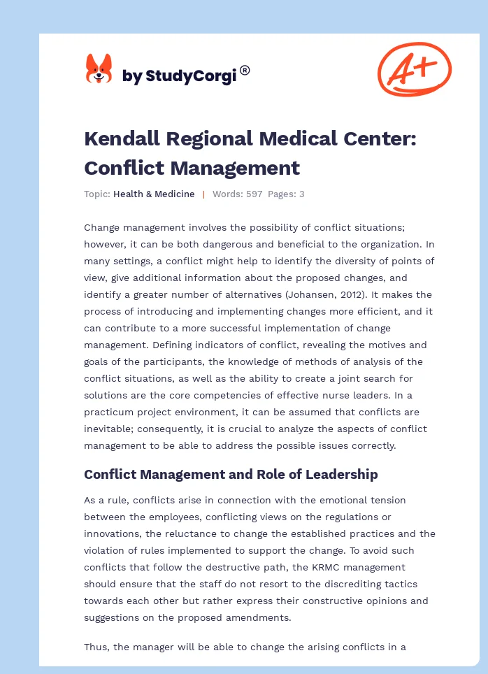 Kendall Regional Medical Center: Conflict Management. Page 1