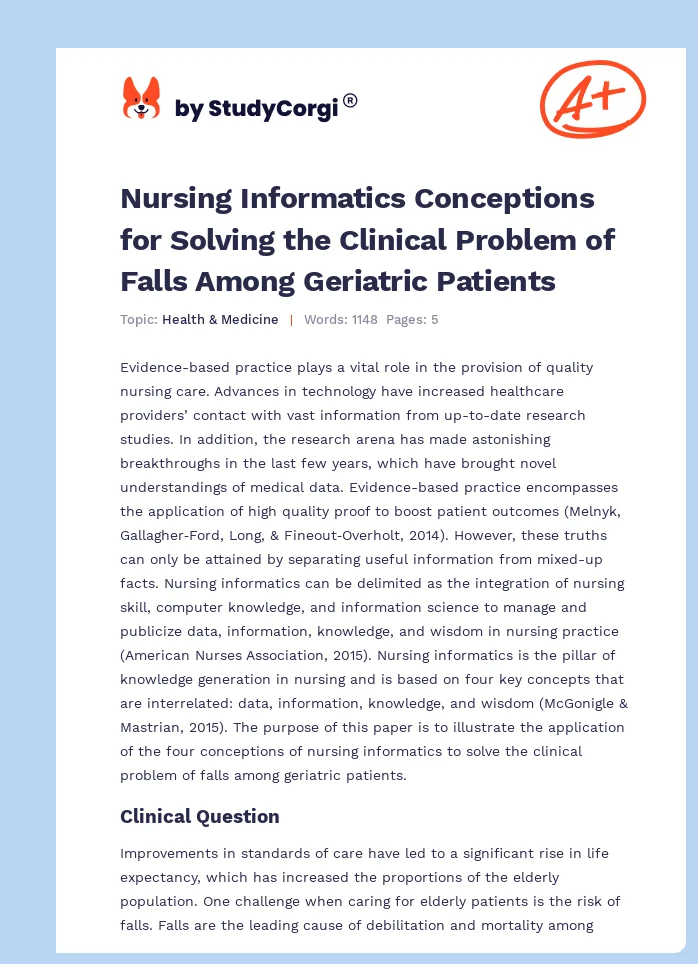 Nursing Informatics Conceptions for Solving the Clinical Problem of Falls Among Geriatric Patients. Page 1