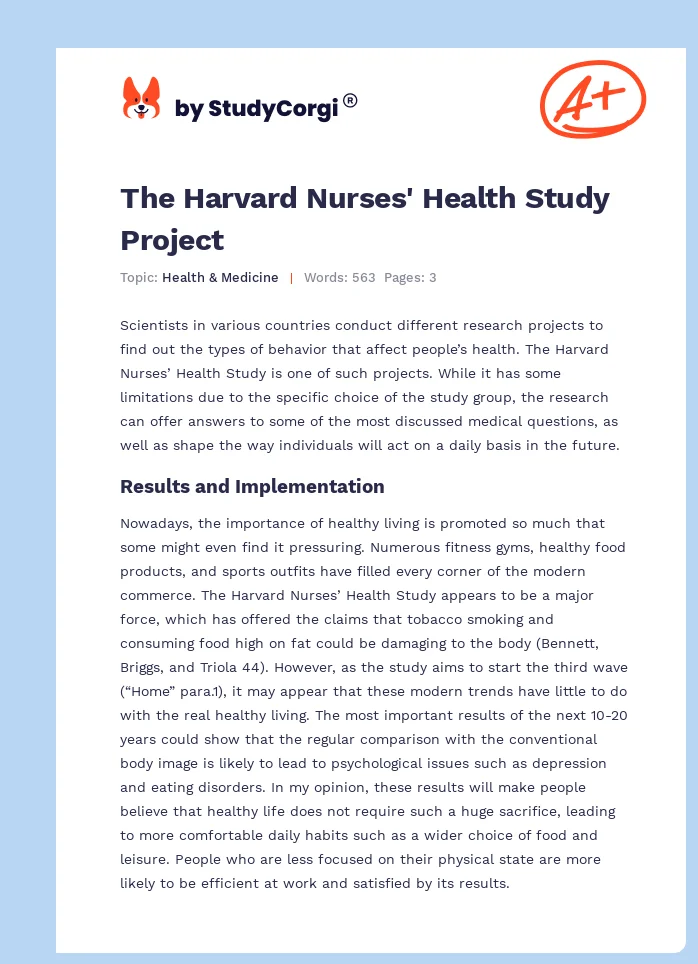 The Harvard Nurses' Health Study Project. Page 1