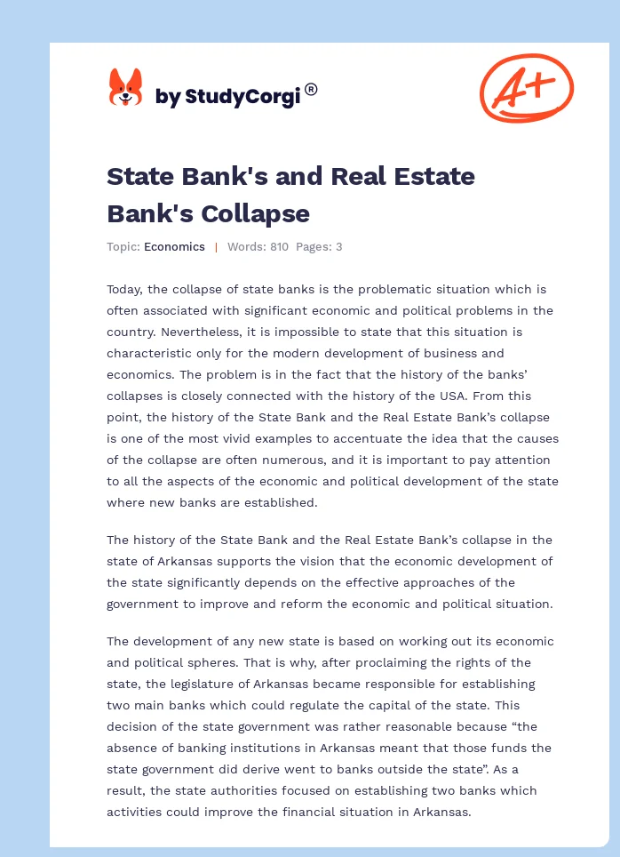 State Bank's and Real Estate Bank's Collapse. Page 1