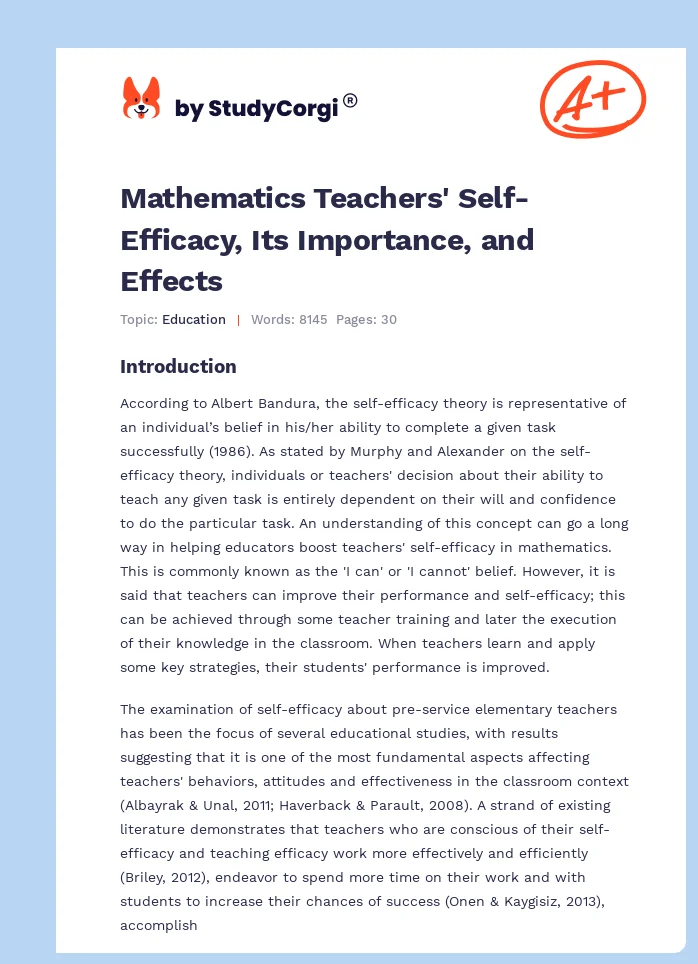 Mathematics Teachers' Self-Efficacy, Its Importance, and Effects. Page 1