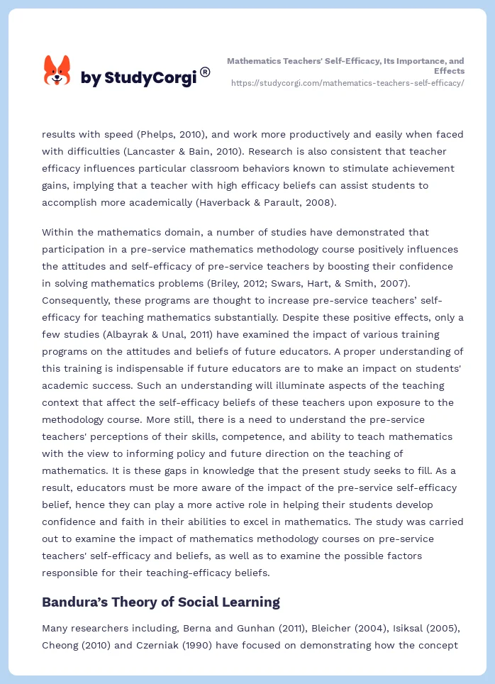 Mathematics Teachers' Self-Efficacy, Its Importance, and Effects. Page 2