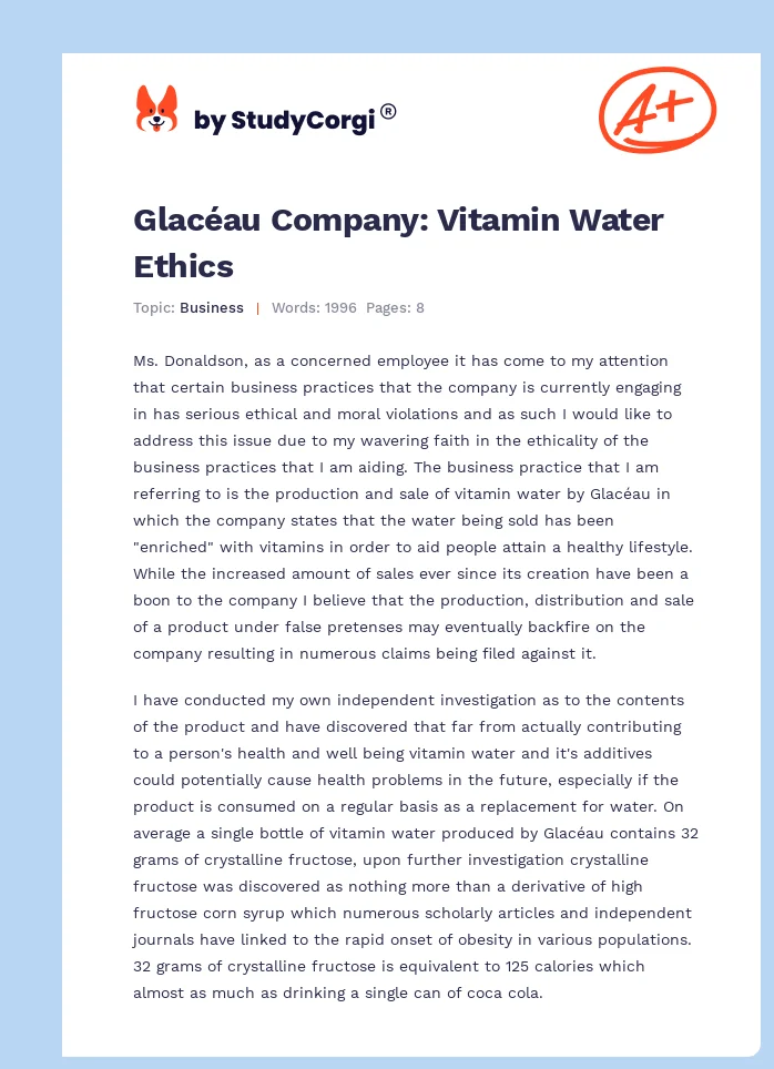 Glacéau Company: Vitamin Water Ethics. Page 1