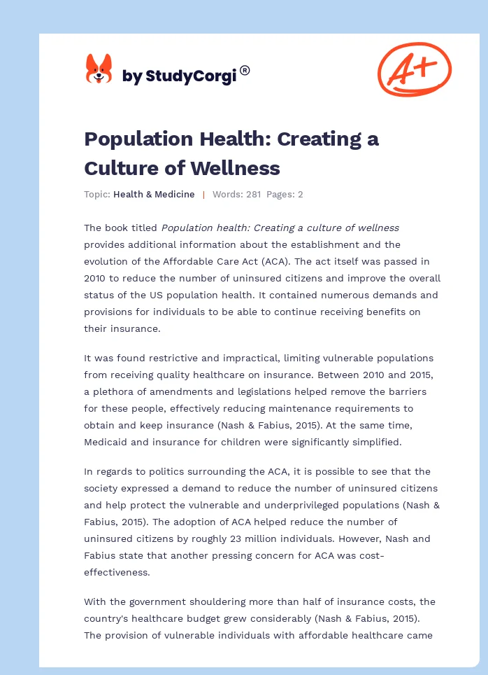Population Health: Creating a Culture of Wellness. Page 1