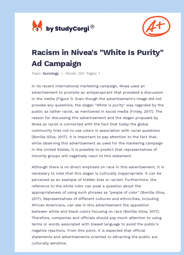 Racism in Nivea's "White Is Purity" Ad Campaign. Page 1