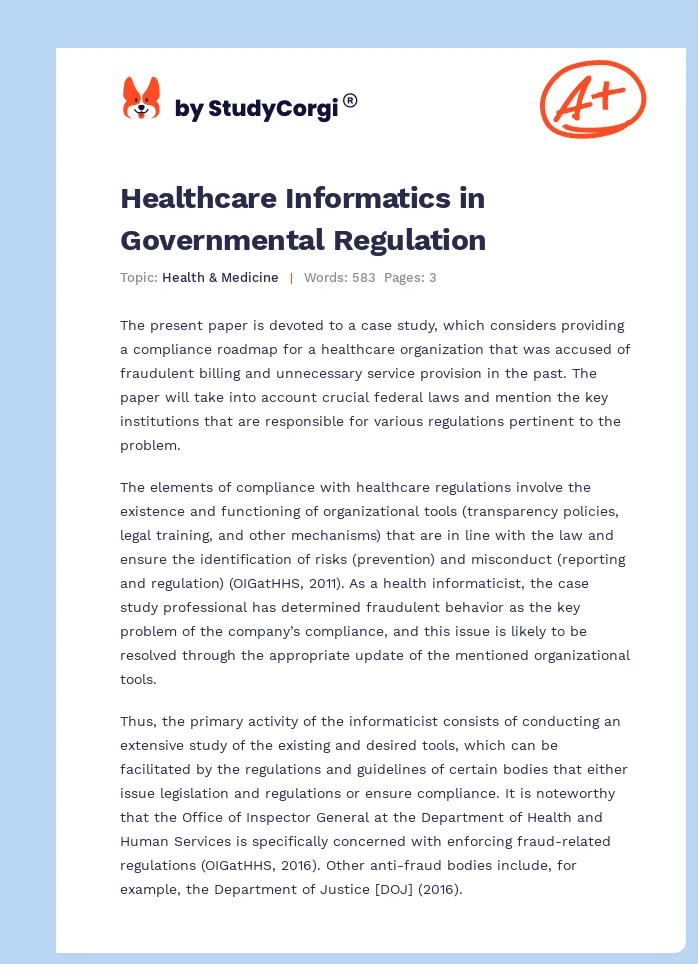Healthcare Informatics in Governmental Regulation. Page 1