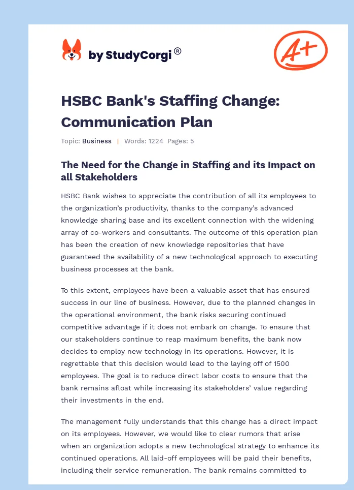 HSBC Bank's Staffing Change: Communication Plan. Page 1