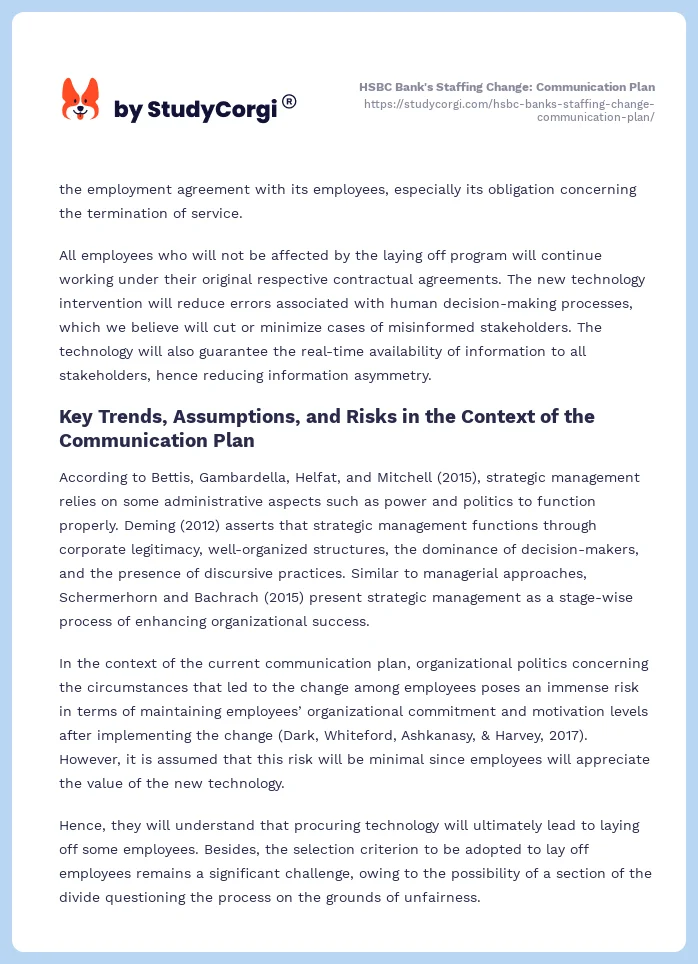 HSBC Bank's Staffing Change: Communication Plan. Page 2