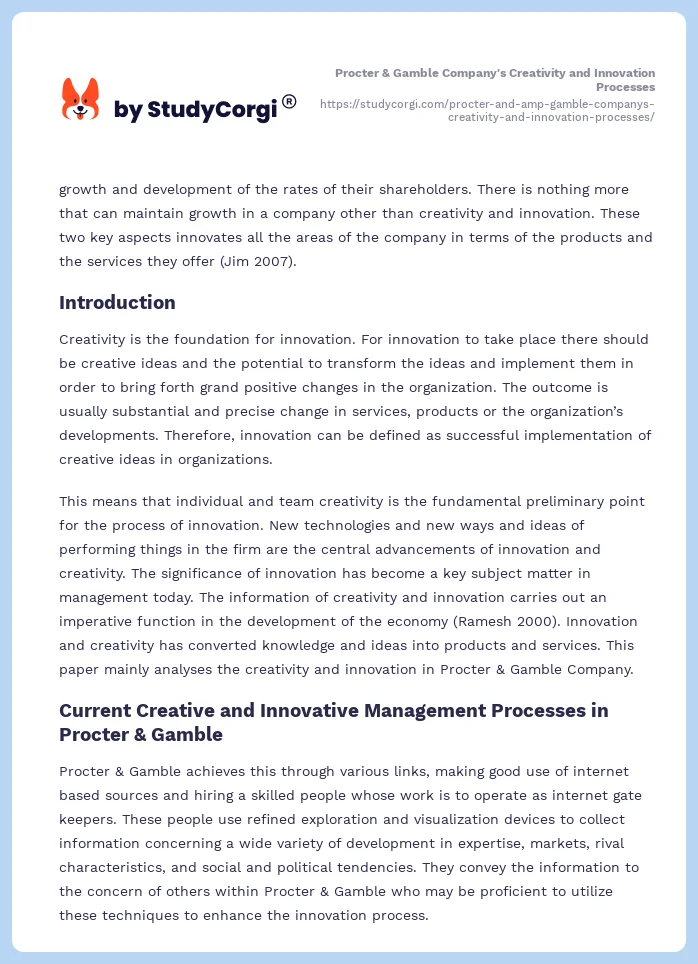 Procter & Gamble Company's Creativity and Innovation Processes. Page 2