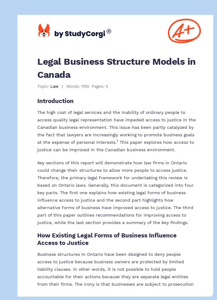 Legal Business Structure Models in Canada. Page 1