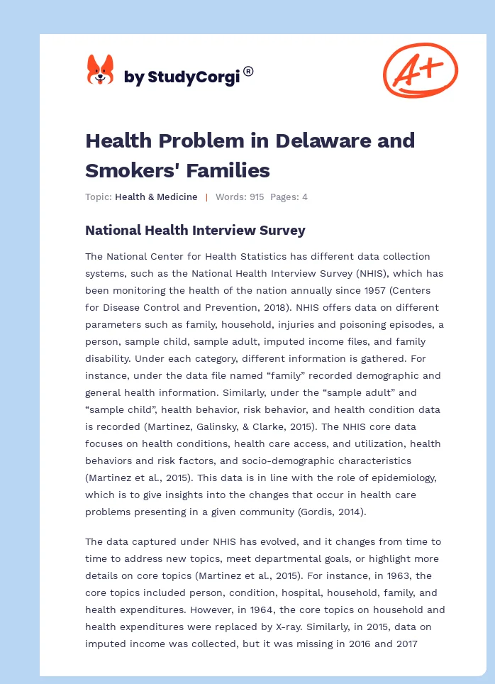 Health Problem in Delaware and Smokers' Families. Page 1