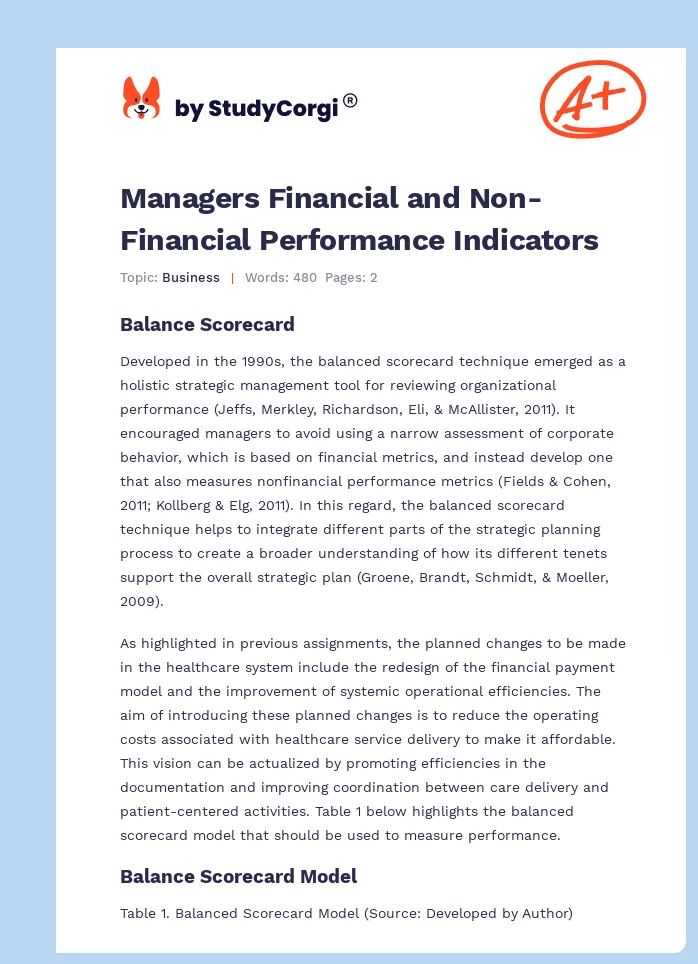 Managers Financial and Non-Financial Performance Indicators. Page 1