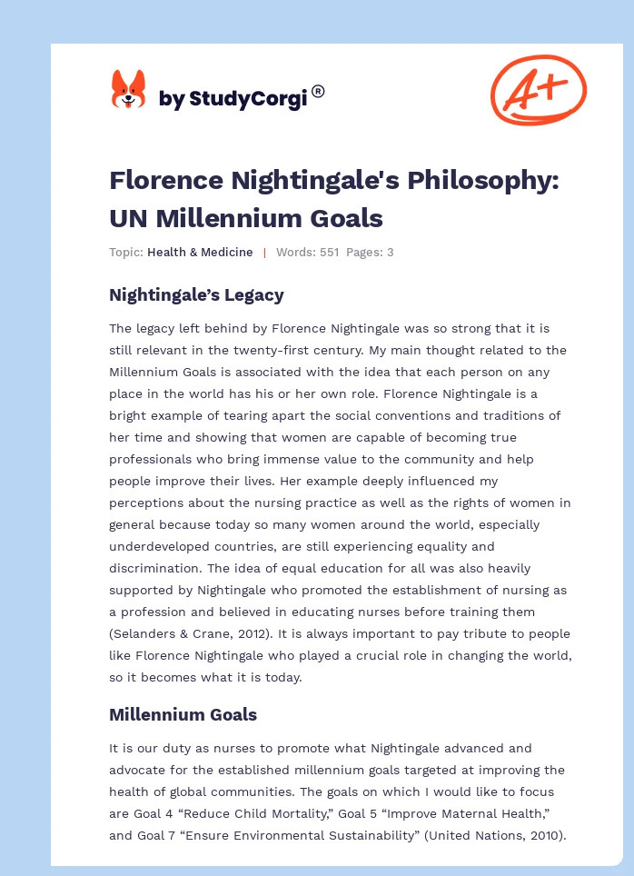 Florence Nightingale's Philosophy: UN Millennium Goals. Page 1