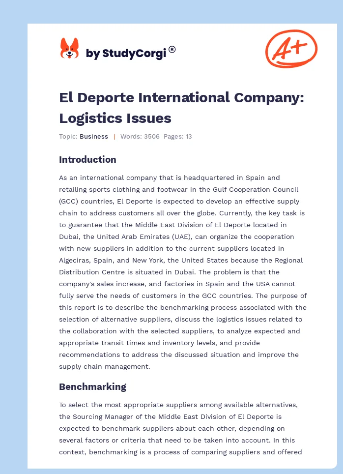 El Deporte International Company: Logistics Issues. Page 1