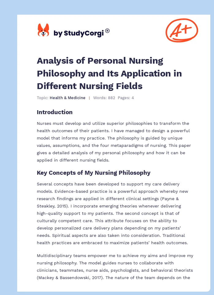 Analysis of Personal Nursing Philosophy and Its Application in Different Nursing Fields. Page 1