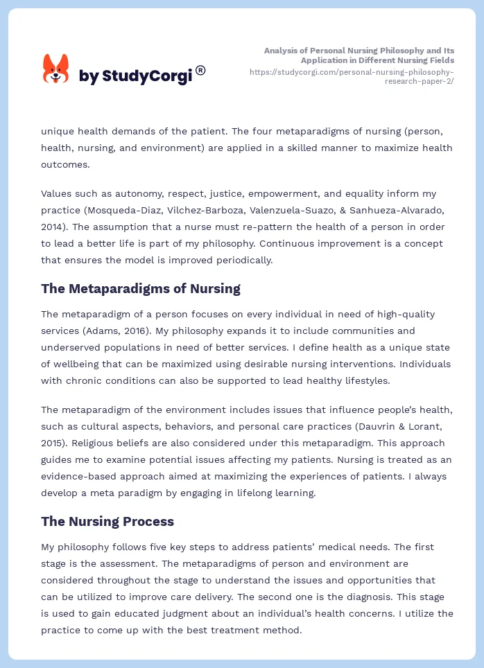 Analysis of Personal Nursing Philosophy and Its Application in Different Nursing Fields. Page 2