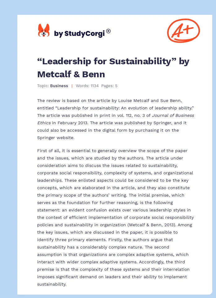 “Leadership for Sustainability” by Metcalf & Benn. Page 1