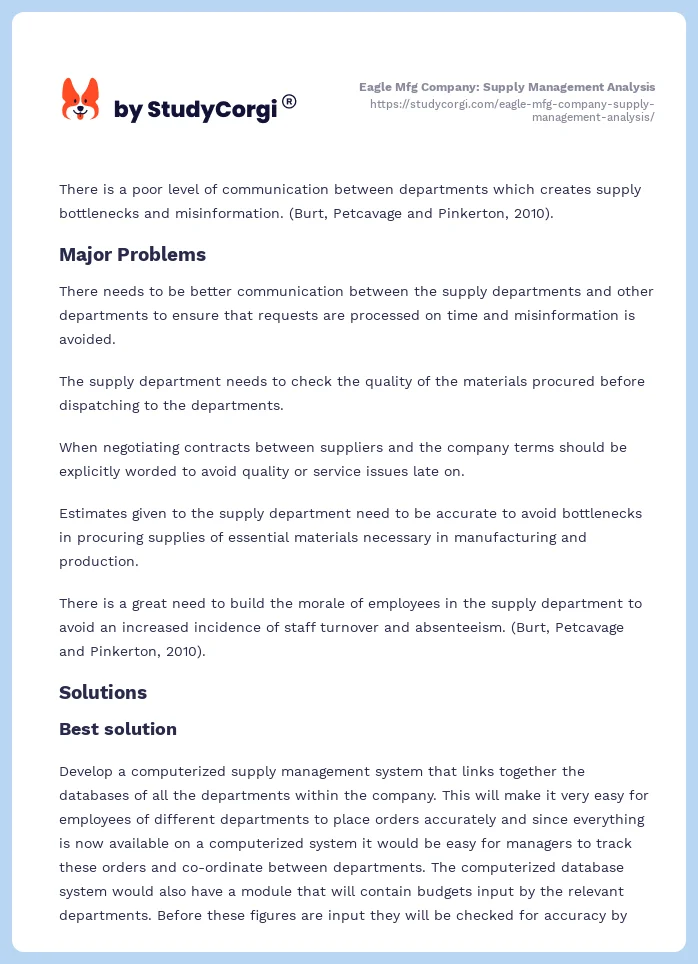 Eagle Mfg Company: Supply Management Analysis. Page 2