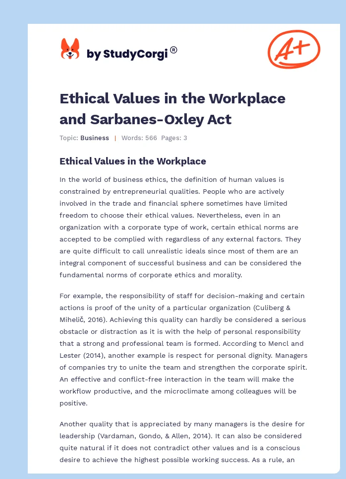 Ethical Values in the Workplace and Sarbanes-Oxley Act. Page 1