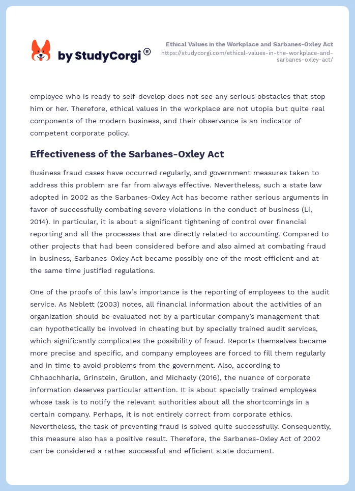 Ethical Values in the Workplace and Sarbanes-Oxley Act. Page 2