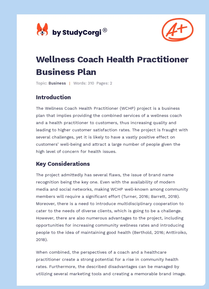 Wellness Coach Health Practitioner Business Plan. Page 1