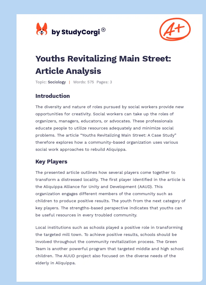Youths Revitalizing Main Street: Article Analysis. Page 1
