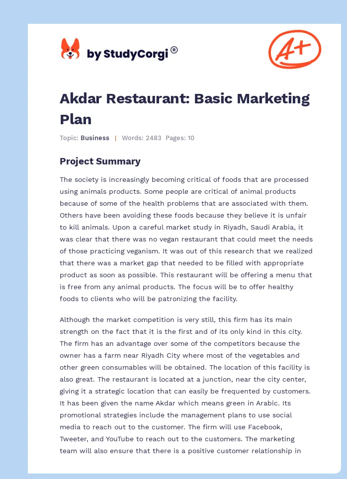 Akdar Restaurant: Basic Marketing Plan. Page 1