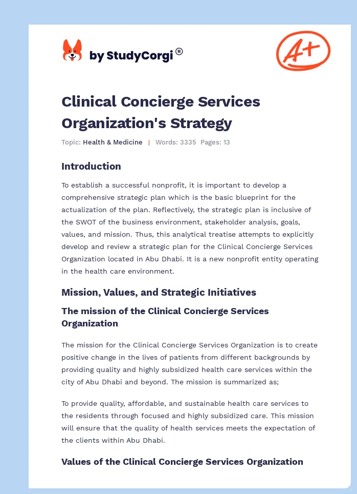 Clinical Concierge Services Organization's Strategy. Page 1