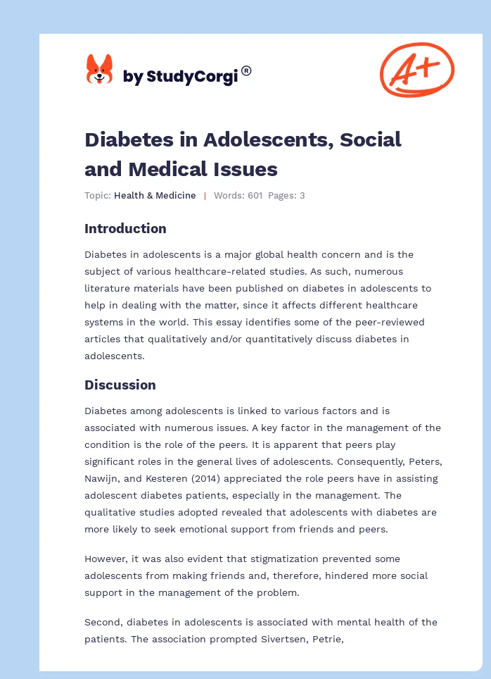 Diabetes in Adolescents, Social and Medical Issues. Page 1