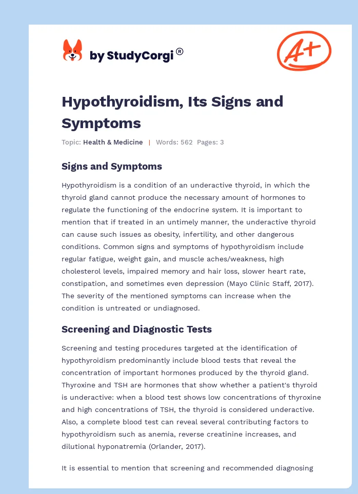 Hypothyroidism, Its Signs and Symptoms. Page 1