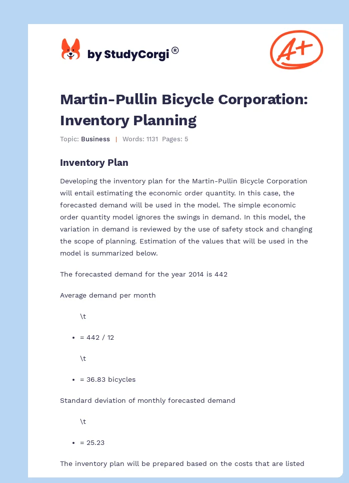 Martin-Pullin Bicycle Corporation: Inventory Planning. Page 1