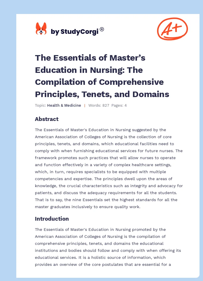 The Essentials of Master’s Education in Nursing: The Compilation of Comprehensive Principles, Tenets, and Domains. Page 1
