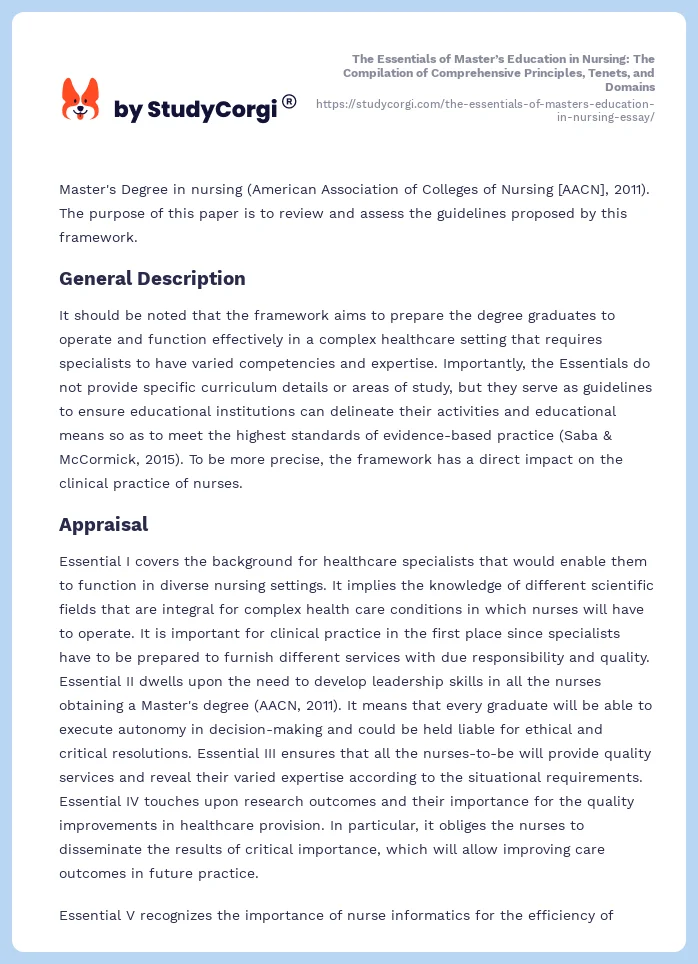 The Essentials of Master’s Education in Nursing: The Compilation of Comprehensive Principles, Tenets, and Domains. Page 2