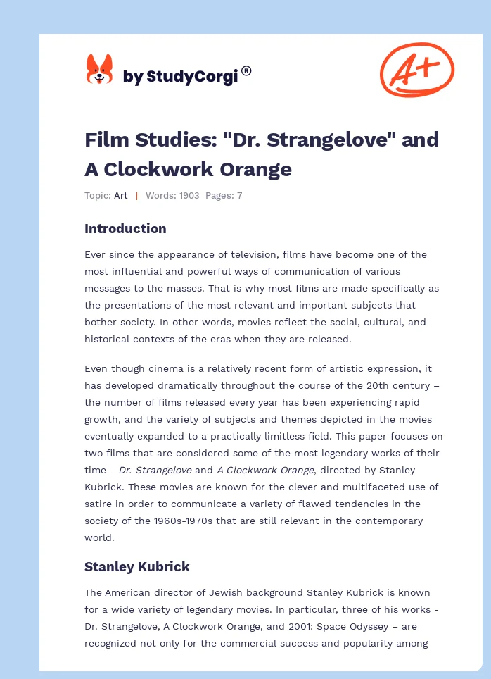 Film Studies: "Dr. Strangelove" and A Clockwork Orange. Page 1