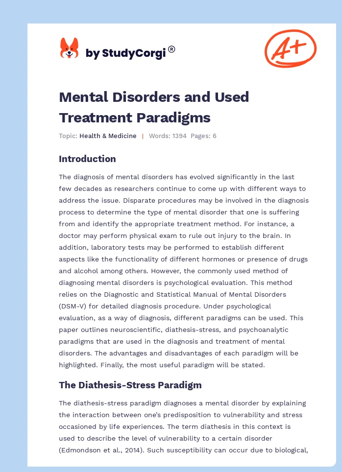 Mental Disorders and Used Treatment Paradigms. Page 1