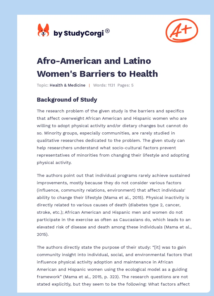Afro-American and Latino Women's Barriers to Health. Page 1