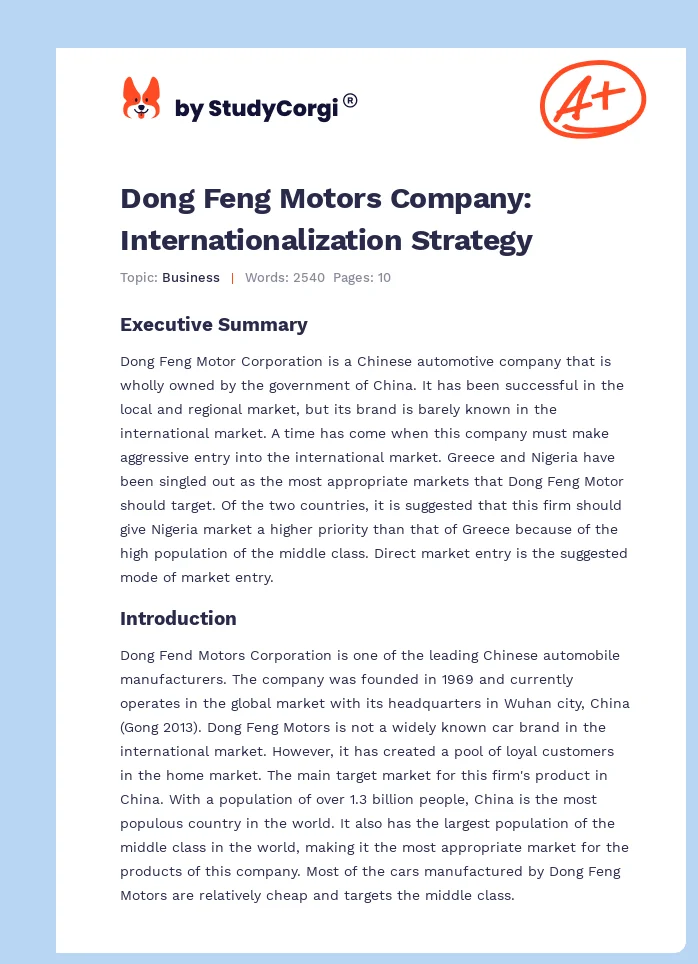 Dong Feng Motors Company: Internationalization Strategy. Page 1