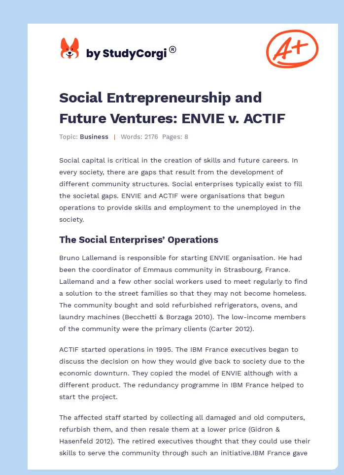 Social Entrepreneurship and Future Ventures: ENVIE v. ACTIF. Page 1