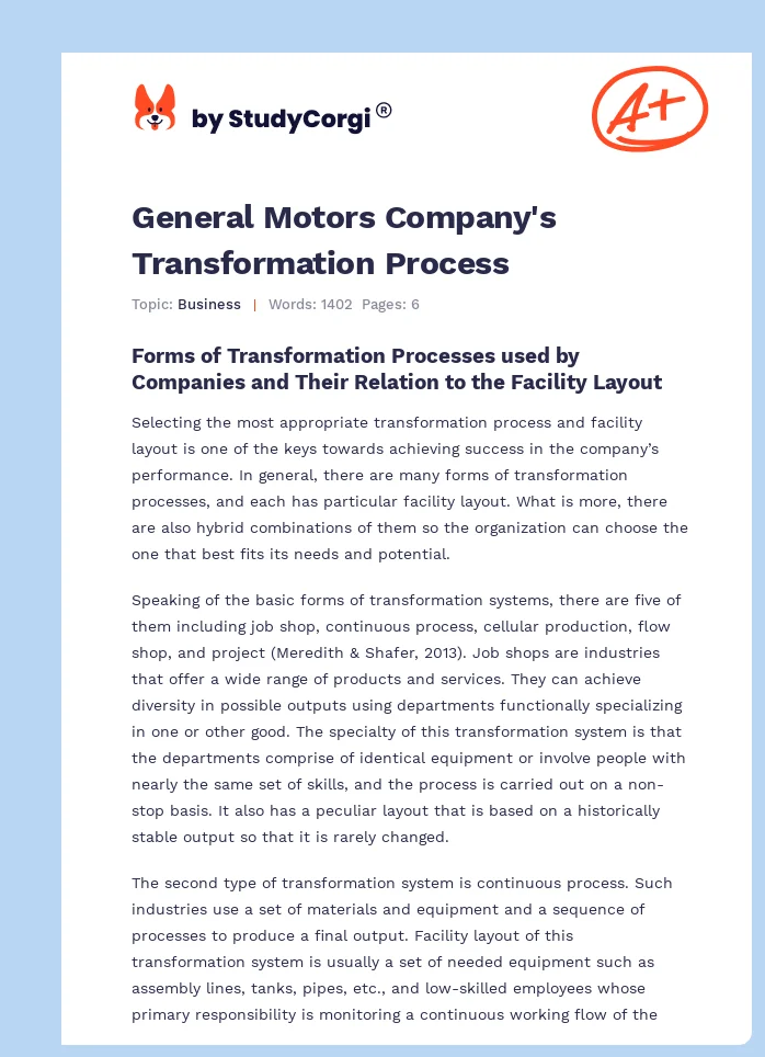 General Motors Company's Transformation Process. Page 1