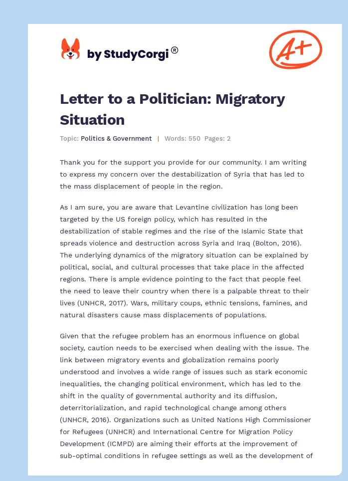 Letter to a Politician: Migratory Situation. Page 1
