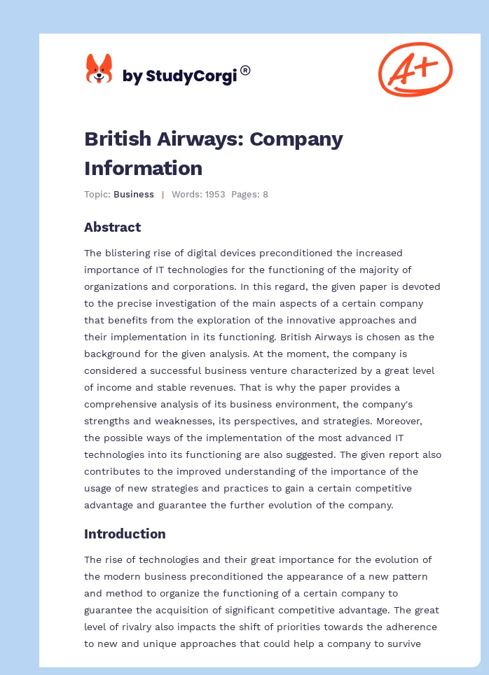 British Airways: Company Information. Page 1