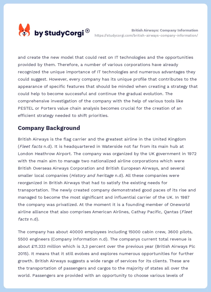 British Airways: Company Information. Page 2
