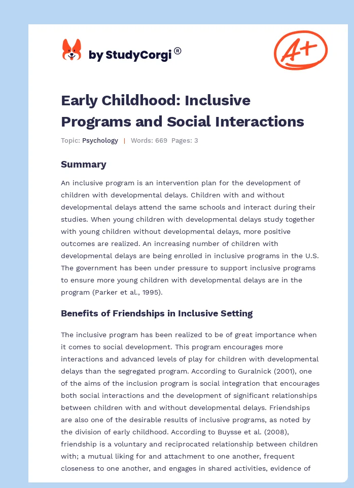 Early Childhood: Inclusive Programs and Social Interactions. Page 1