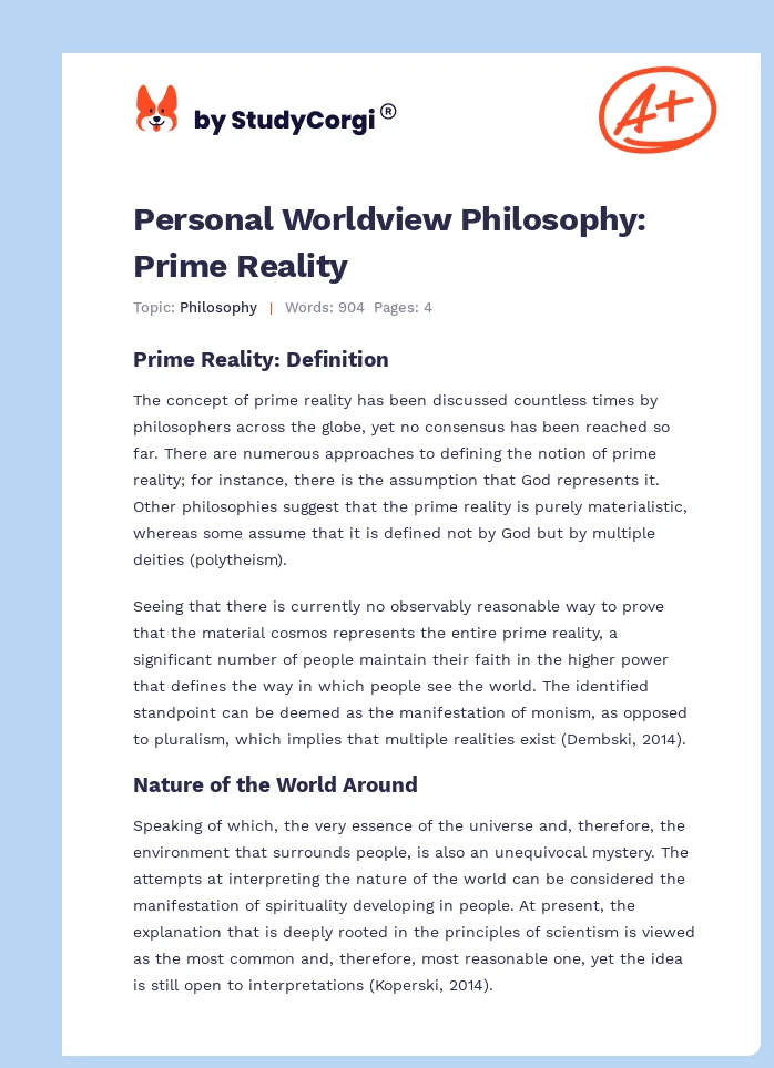 Personal Worldview Philosophy: Prime Reality. Page 1
