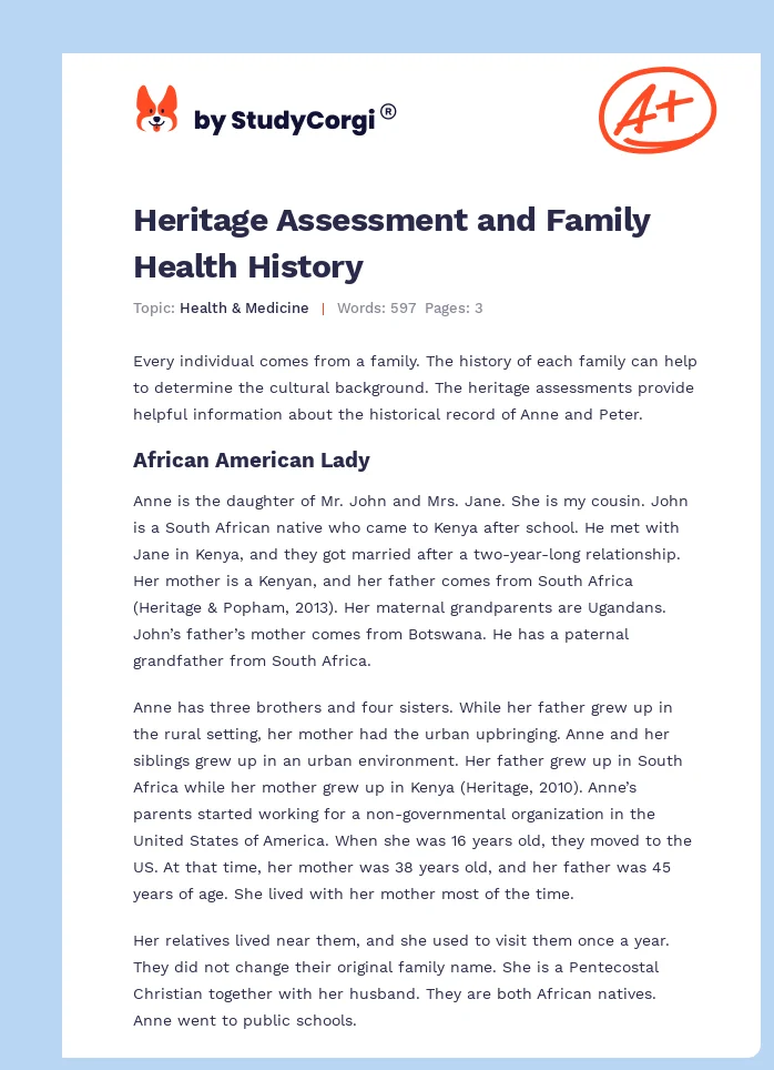 Heritage Assessment and Family Health History. Page 1