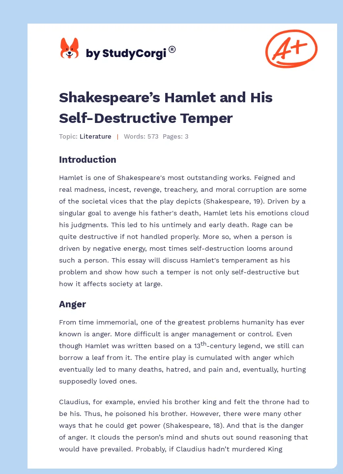Shakespeare’s Hamlet and His Self-Destructive Temper. Page 1