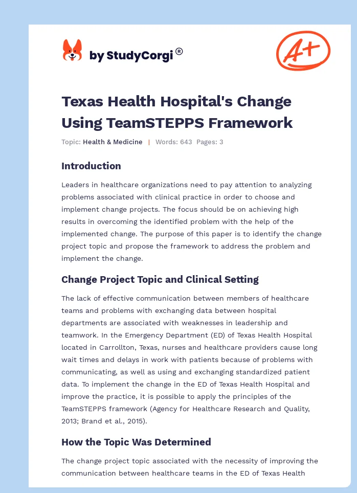 Texas Health Hospital's Change Using TeamSTEPPS Framework. Page 1