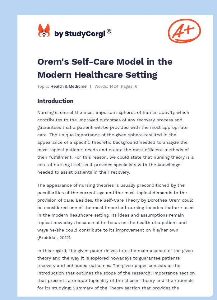 Orem's Self-Care Model in the Modern Healthcare Setting. Page 1