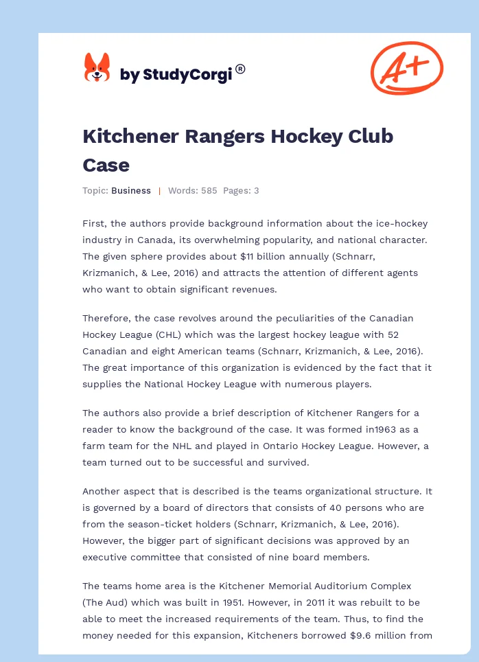 Kitchener Rangers Hockey Club Case. Page 1