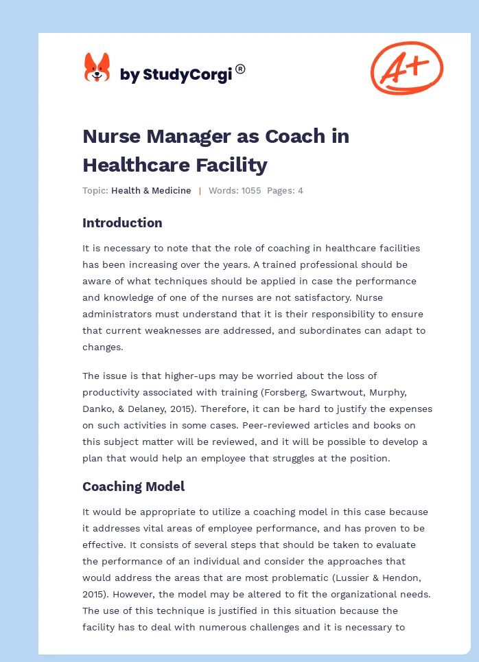 Nurse Manager as Coach in Healthcare Facility. Page 1